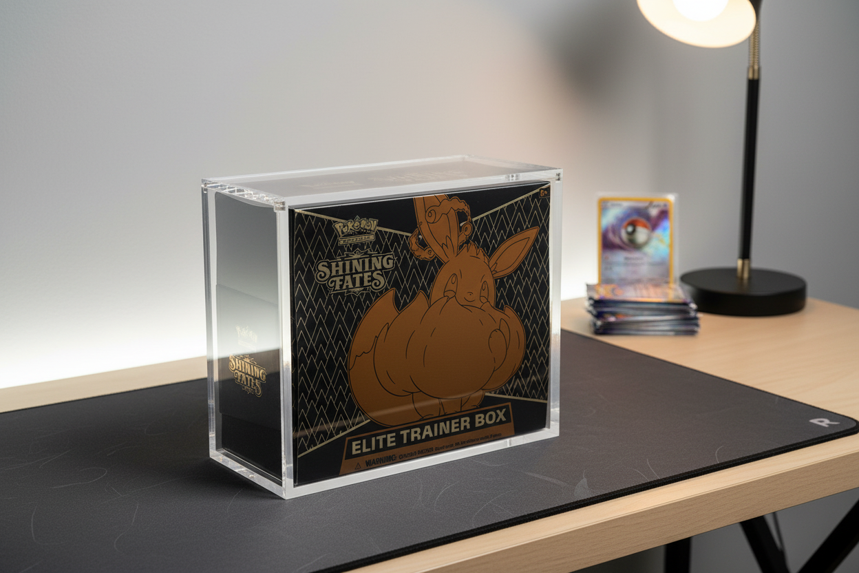 Premium akrylboks for ETB in modern gaming setup